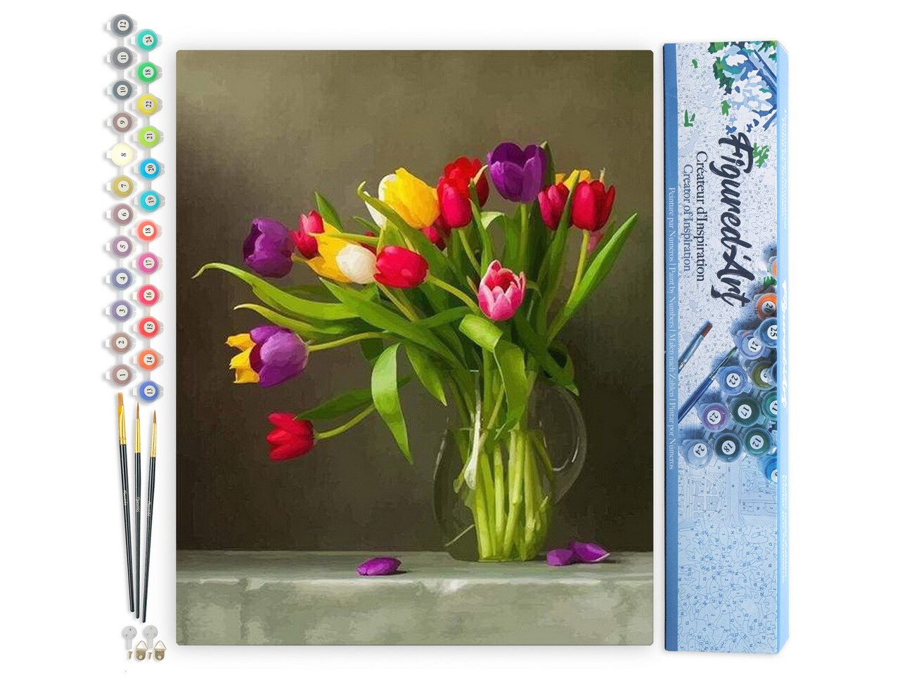 Figured'Art Paint by Numbers for Adults Multicolored Flowers 16"x20" - Craft Art Painting DIY Kit Rolled Canvas without frame